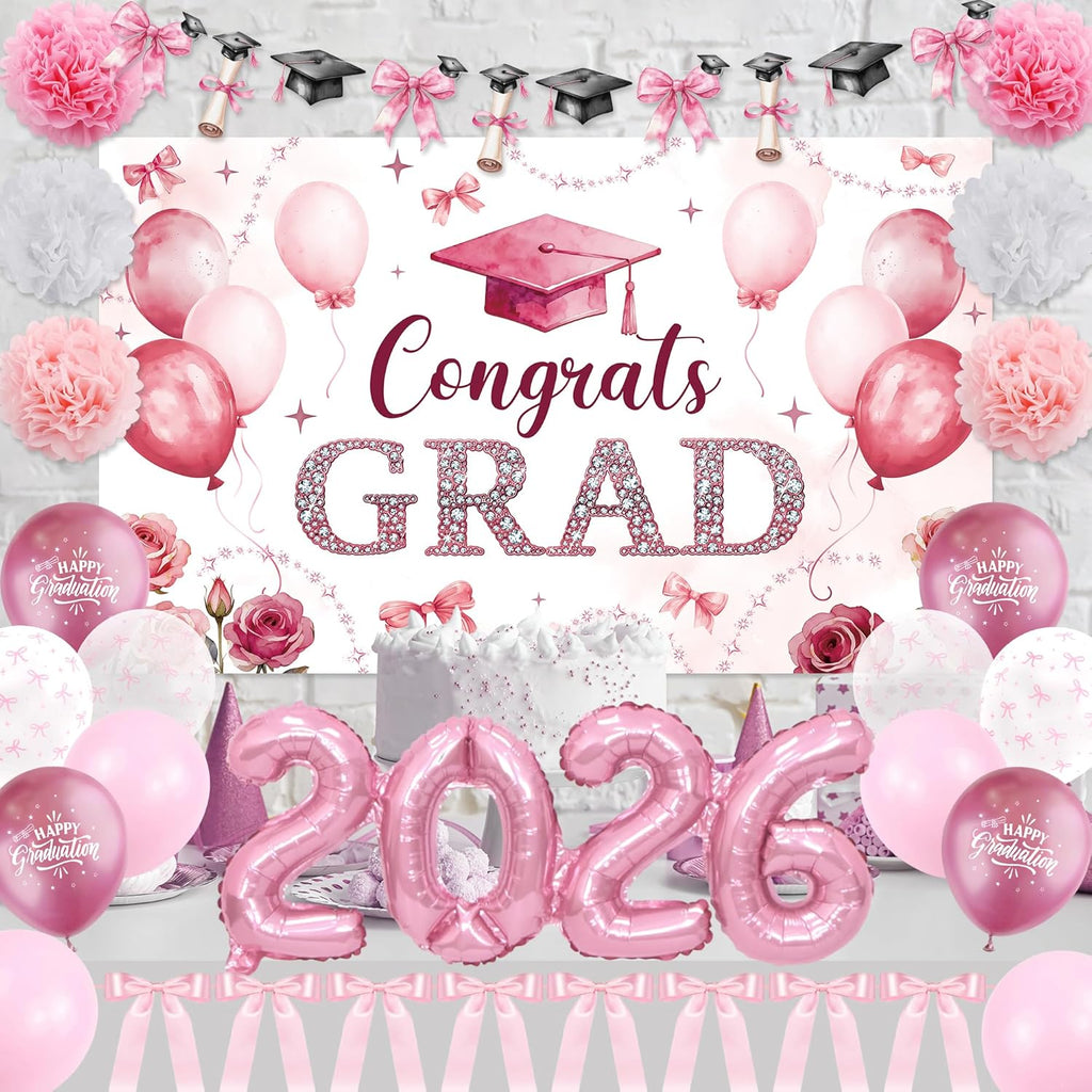 Regine Switzerland Pink Bow Graduation Decorations - 22PCS Party Supplies with Banner & Balloons