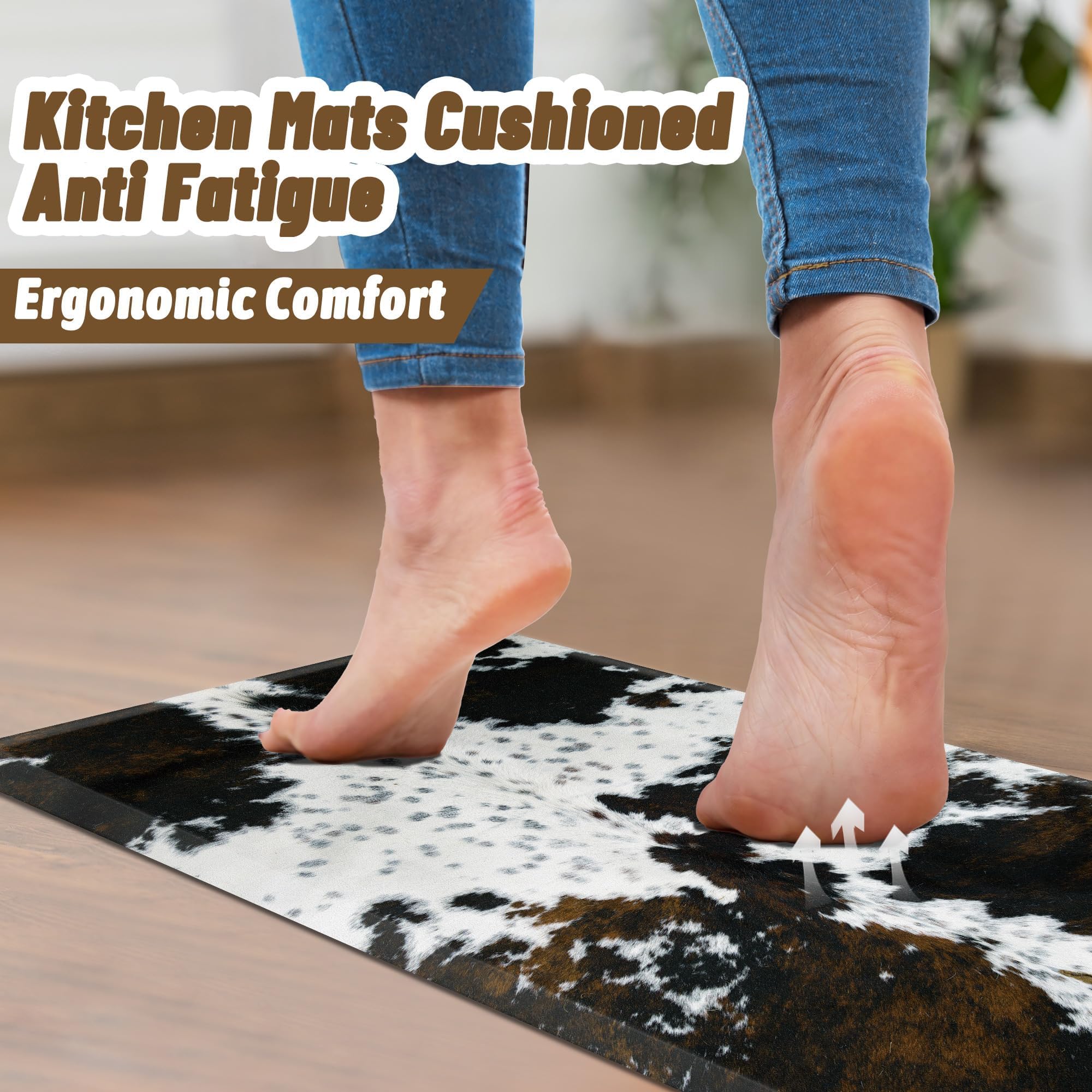 Tyrot Cowhide Kitchen Mat Cushioned Anti Fatigue - 4/5 Inch Thick Western Cow Kitchen Mats for Floor, Non Slip PVC Waterproof Standing Desk Ergonomic Comfort Rugs for Sink, Office, Laundry, 20x39