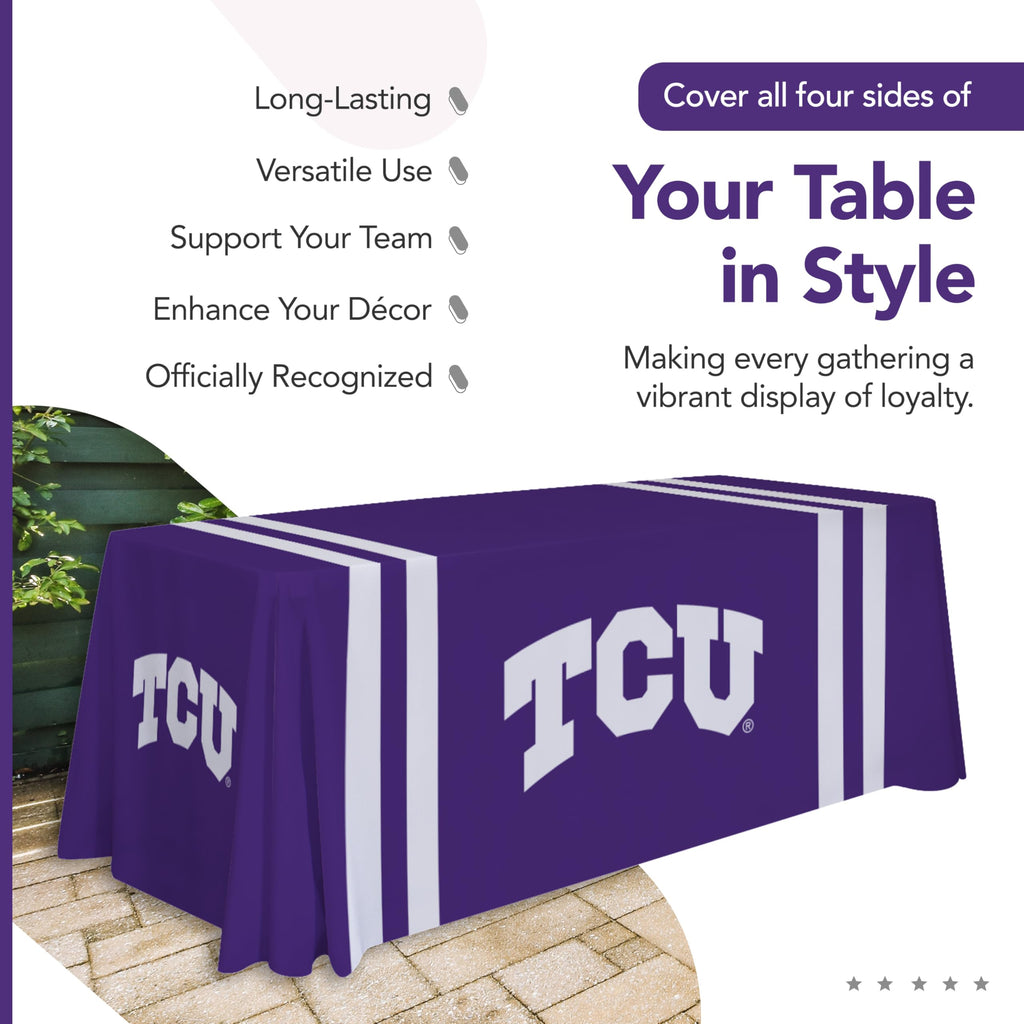 TCU Horned Frogs College Sports Printed Table Throw - NCAA Licensed - Polyester - School Tablecloth (Purple, White) (6' Draped)