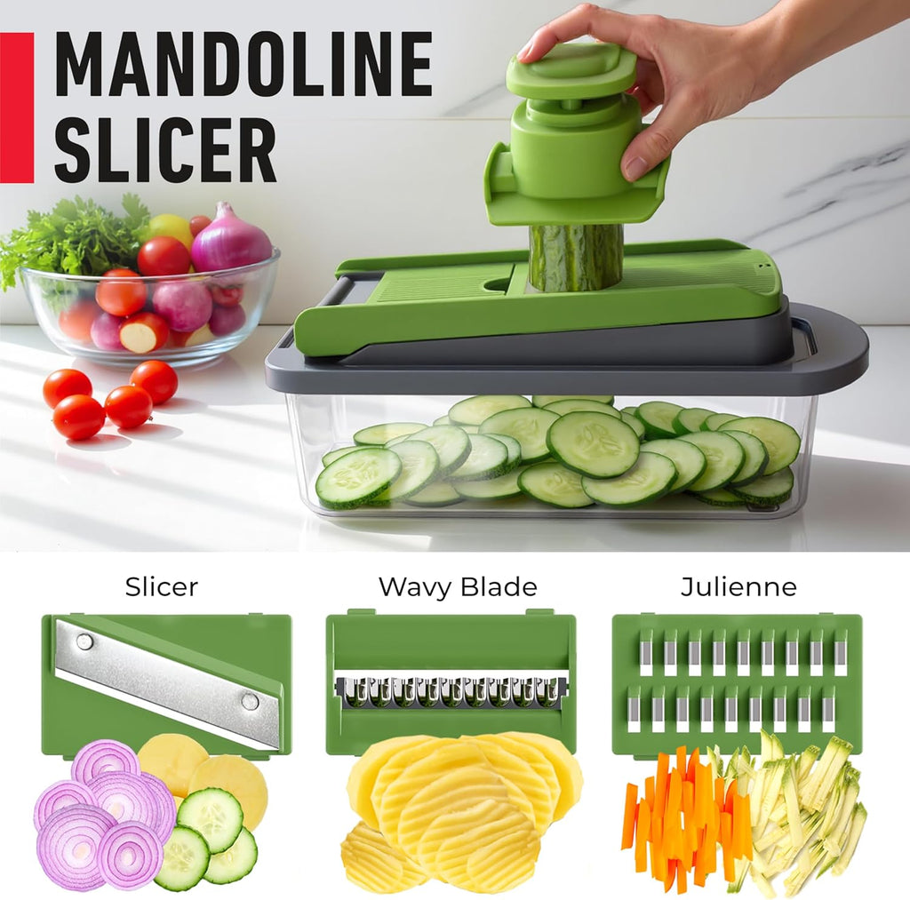 Mueller Pro-Series 10-in-1 Vegetable Chopper - 8 Blades for Easy Dicing, Slicing & Mincing | Gray/Green