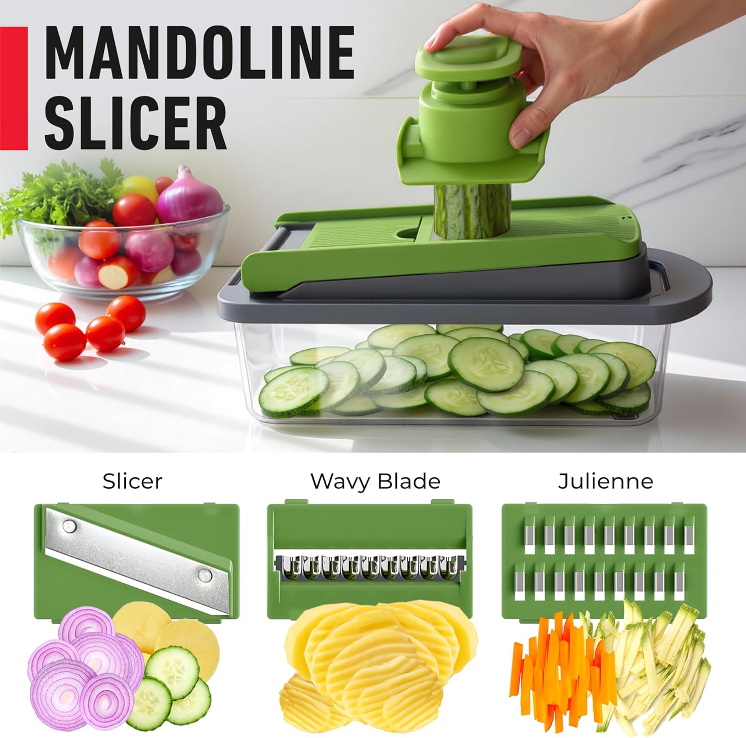 Mueller Pro-Series 10-in-1 Vegetable Chopper - 8 Blades for Easy Dicing, Slicing & Mincing | Gray/Green