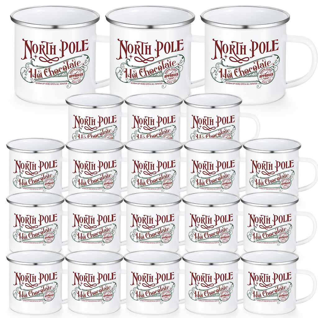 Yaomiao 20 Pcs Christmas Coffee Mugs North Pole Hot Cocoa Chocolate Mugs Santa Xmas Enamel Cup with Handle for Holiday Gift Family Employee Christmas Party Vacation Cup (Stainless Steel,Enamel)