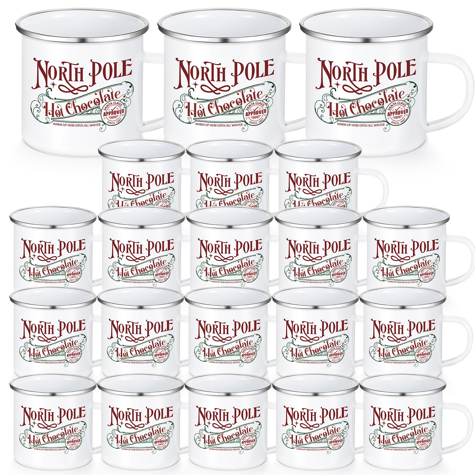 Yaomiao 20 Pcs Christmas Coffee Mugs North Pole Hot Cocoa Chocolate Mugs Santa Xmas Enamel Cup with Handle for Holiday Gift Family Employee Christmas Party Vacation Cup (Stainless Steel,Enamel)