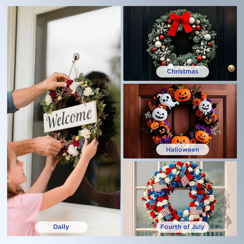 OUTXE Wreath Hanger - Upgraded Suction Cup Hook for Front Door & Glass Window | 4-Pack in Walnut