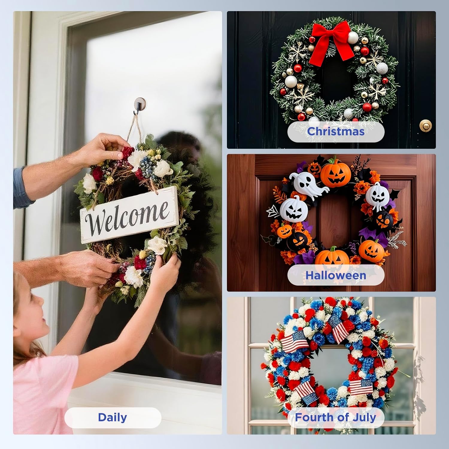 OUTXE Wreath Hanger - Upgraded Suction Cup Hook for Front Door & Glass Window | 4-Pack in Walnut