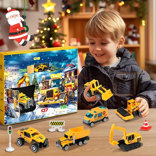 Advent Calendar 2025 for Kids Toys Engineering Vehicles Alloy Different Car Set Stocking Stuffer Plus a Play Mat Christmas for Boys and Girls Gifts Yellow