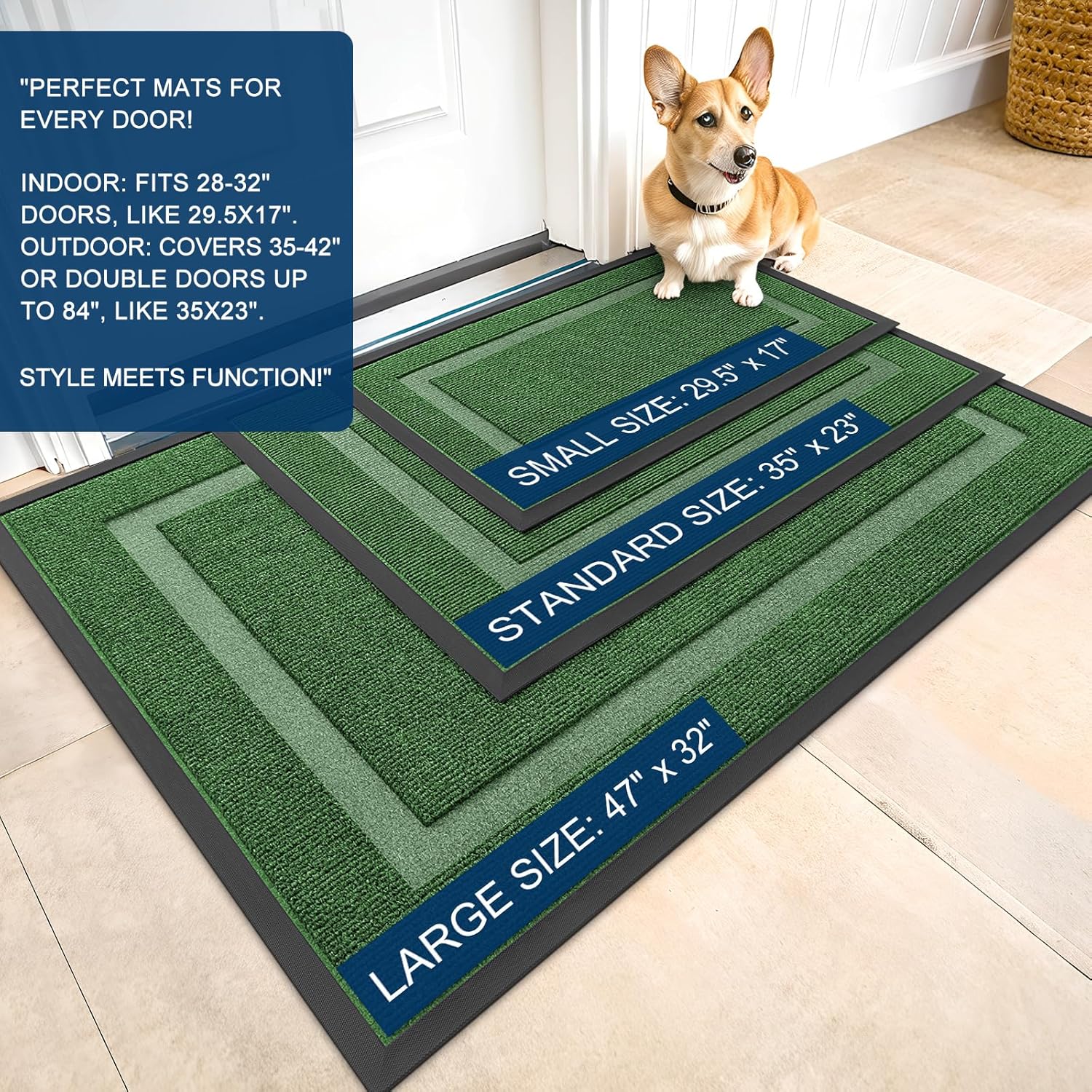 OLANLY Indoor Outdoor Front Door Mat - Waterproof All-Season Doormat, Sturdy Rubber, Easy Clean | 47x32, Green