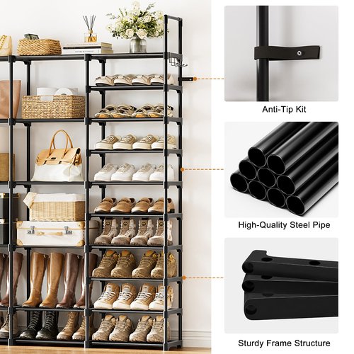 WOWLIVE 4 Row 10 Tiers Extra Large Shoe Rack Big Tall Metal Shoe Shelf, Heavy Duty Organizer for Closet Entryway, Boot Rack Storage Stackable Stand for Garage Black