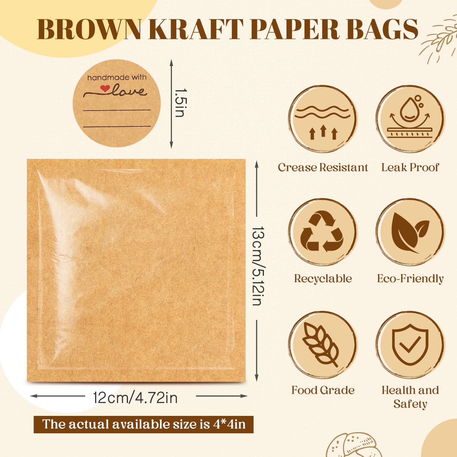 Outus 100 Pcs Cookie Packaging Bags with Seal, 4 x 4 Inch Bakery Pastry Bags with Window, Heat Sealable Grease Resistant Paper to Go Bake Sleeves for Gift Giving Donut Bread Sandwich (Brown)