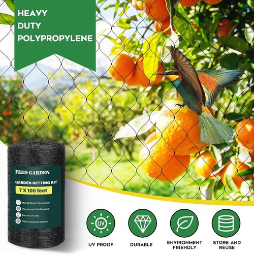 FEED GARDEN Heavy Duty Deer Netting - UV-Protected 7x100ft Garden Fence with 3/4" Mesh | Includes 10 Stakes & 50 Zip Ties