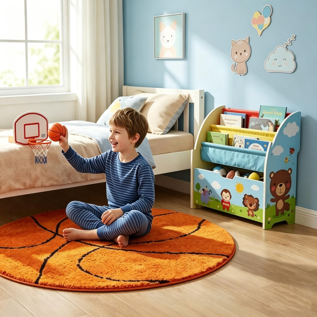Fancytan Round Basketball Rug for Boys Bedroom, Washable Sports Round Rug for Kids Room, Basketball Room Decor, Orange (‌2'8", Round)