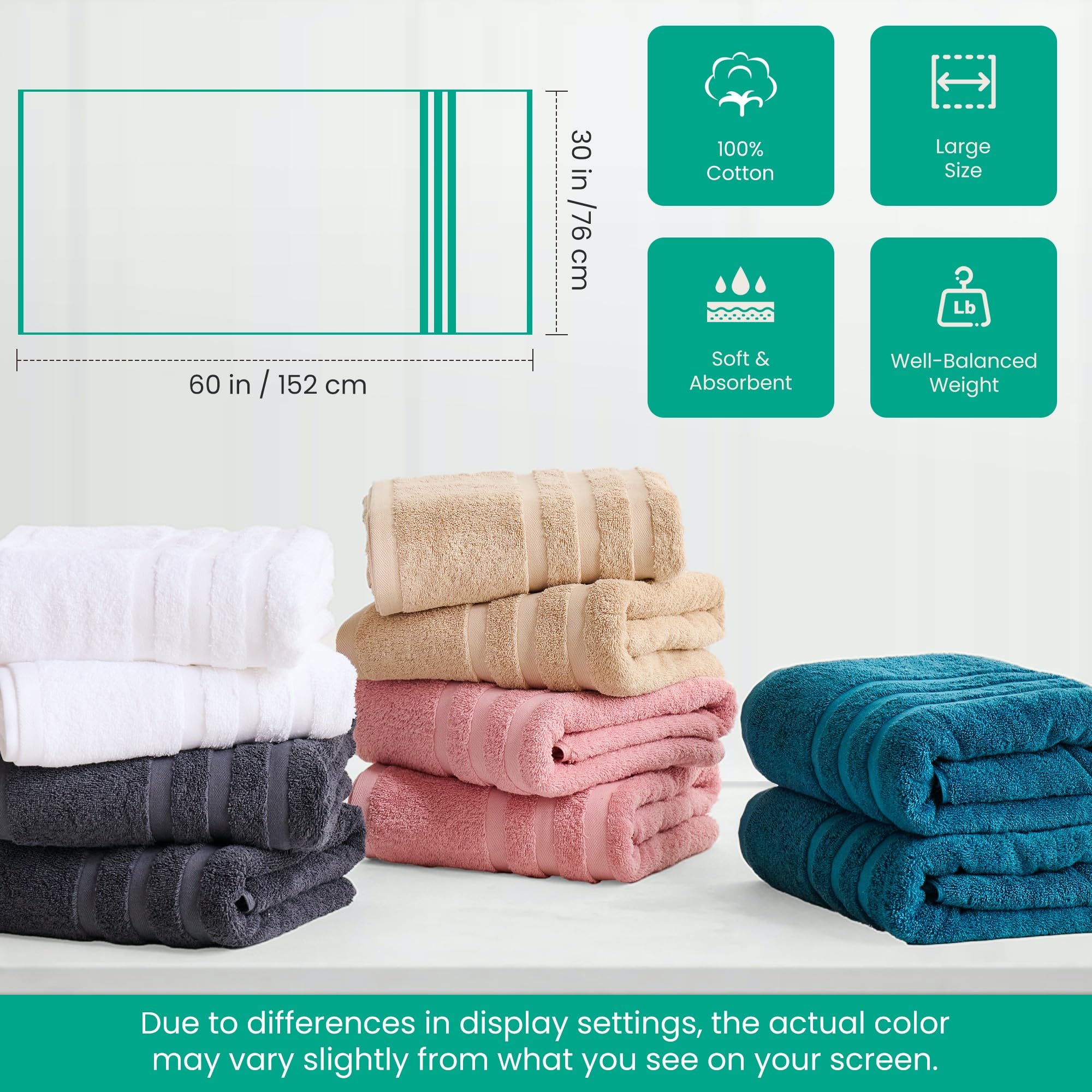 Velqora Bath Towels 4 Pack, Large 30 x 60 Inches, 100% Cotton Towels, Balanced Weight, Soft and Absorbent for Bathroom, (White)