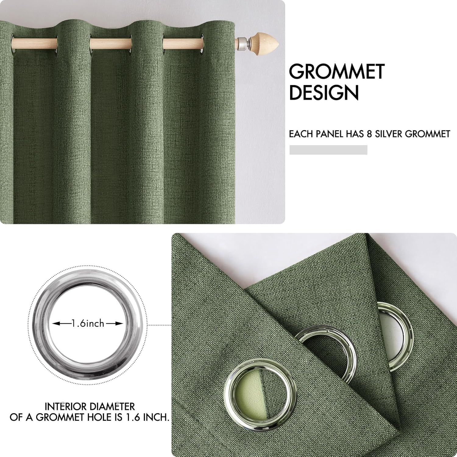 MIULEE 100% Blackout Linen Textured Curtains - Thermal Insulated Olive Green Drapes | 52 x 63 Inch (2 Panels)