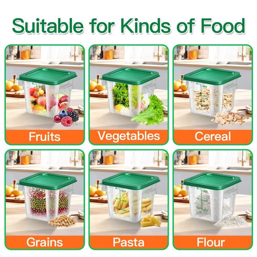 FeyBuosk 4 pcs 6qt Food Storage Containers with Lid, Square Clear Commercial Storage Containers with Handle and Scale for Food Storage in Home Kitchen & Dining (Green)