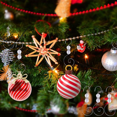 30 PCS Christmas Ornament Hooks,Silver Christmas Tree Hanger S-Shaped Hangers Hook with 2 Crystal Beads for Crafts Xmas Tree Home Decoration (B)