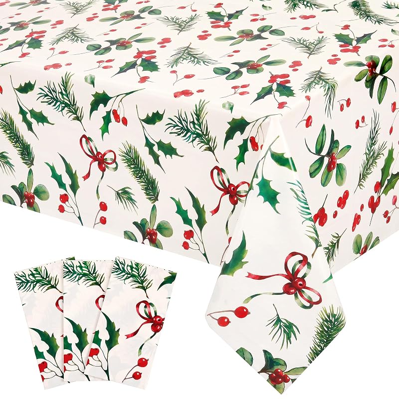 Green Christmas 3 Pack Disposable Tablecloths 54 x 108 in - Holly Berry Pattern