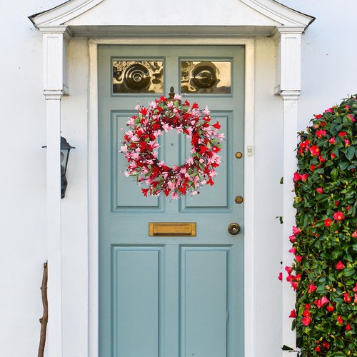 Sggvecsy 20in Valentine's Day Wreath Artificial Pink Red Forsythia Spring Summer Fake Silk Wreath with Heart Berries Green Leaves for Gifts Festival Front Door Window Wall Farmhouse Decor
