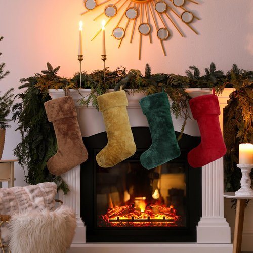Hoosige 12 Pcs Christmas Stocking 18'' Bulk Thick Plush Fabric Hanging Christmas Stocking Decorations for Xmas Holiday Family Party Tree Fireplace Classic Ornaments (Red,Brown,Khaki,Dark Green)