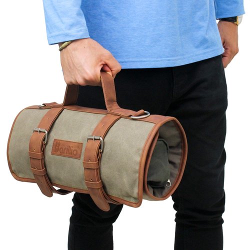 Barillio Bartender Bag (Without Tools) - Stylish, Waxed Canvas, Roll Up Traveling Bar Bag for Carrying Bar Tools and Cocktail Shaker Set with Shoulder Strap - Portable Travel Bartending Roll