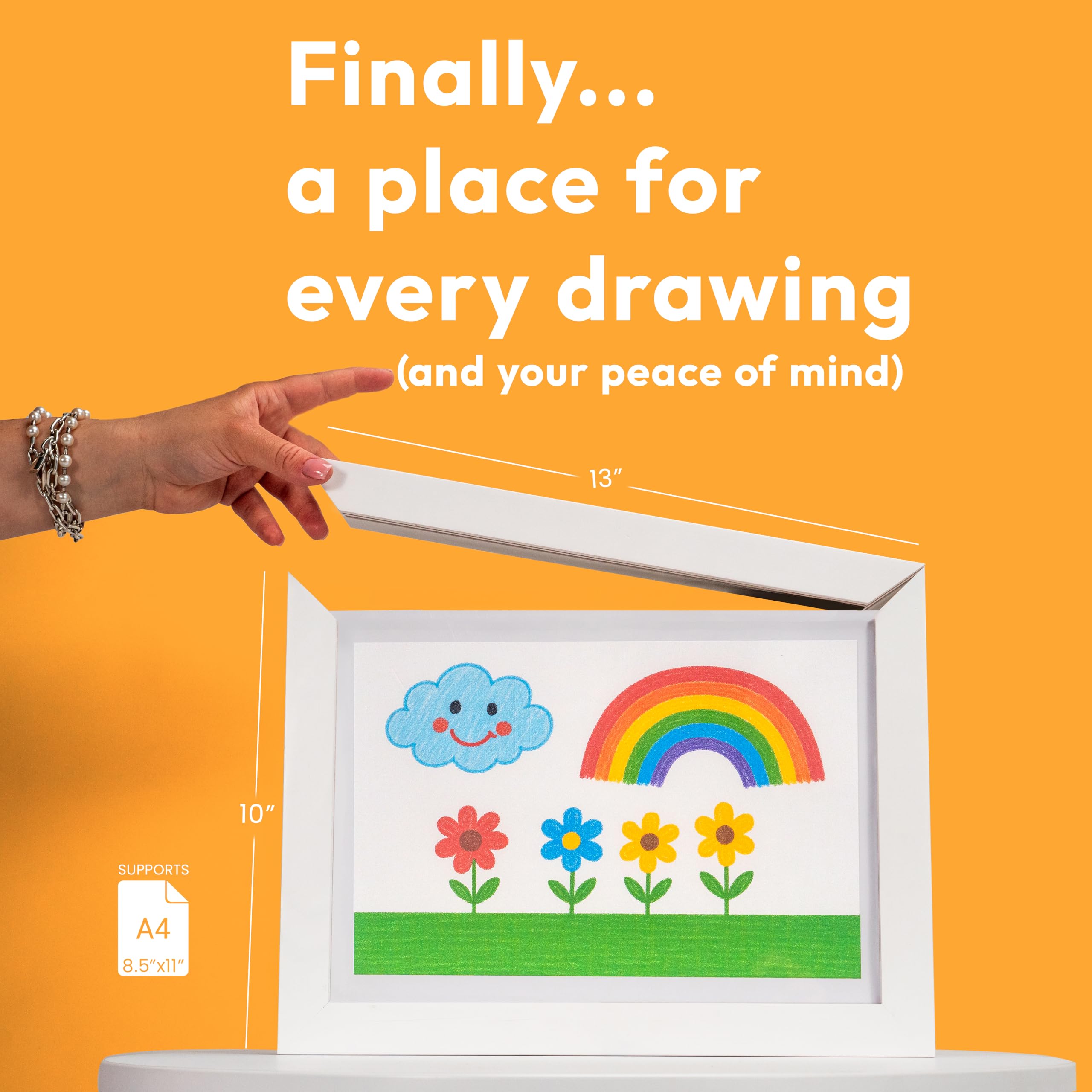 Artkiddo Magnetic Kids Art Frame 8.5x11 – Lift-Top Real Wood Artwork Display & Storage – Strap-Free Changeable Frame Holds 250 Drawings – Freestanding or Wall Mounted - White