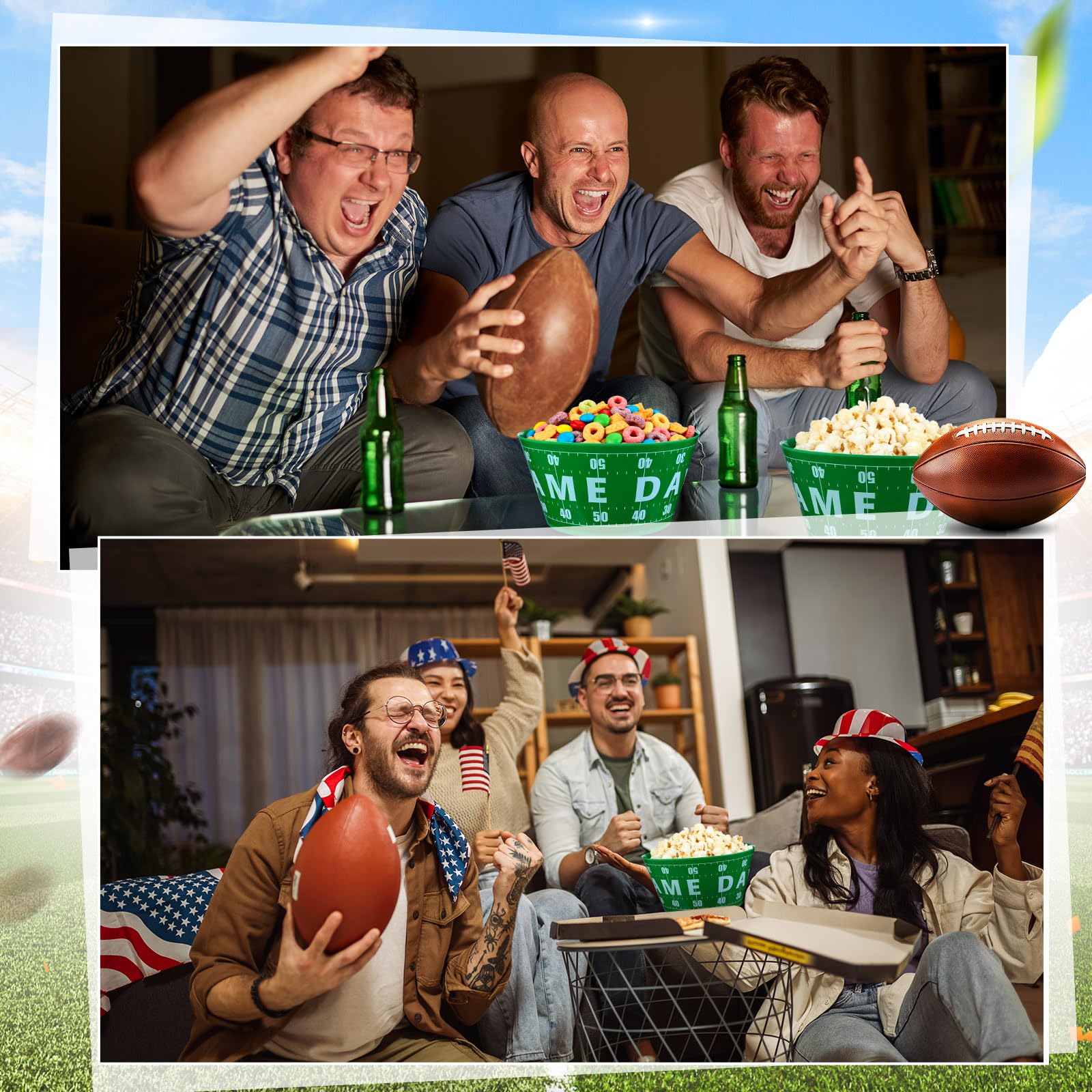 Reallnaive 2 Packs 12" Football Chip and Dip Bowl Game Day Snack Bowls Sports Event Party Plastic Bowls Green and White Reusable Candy Snack Bowl Fruit Candy Holder for Party Supplies Table Decor