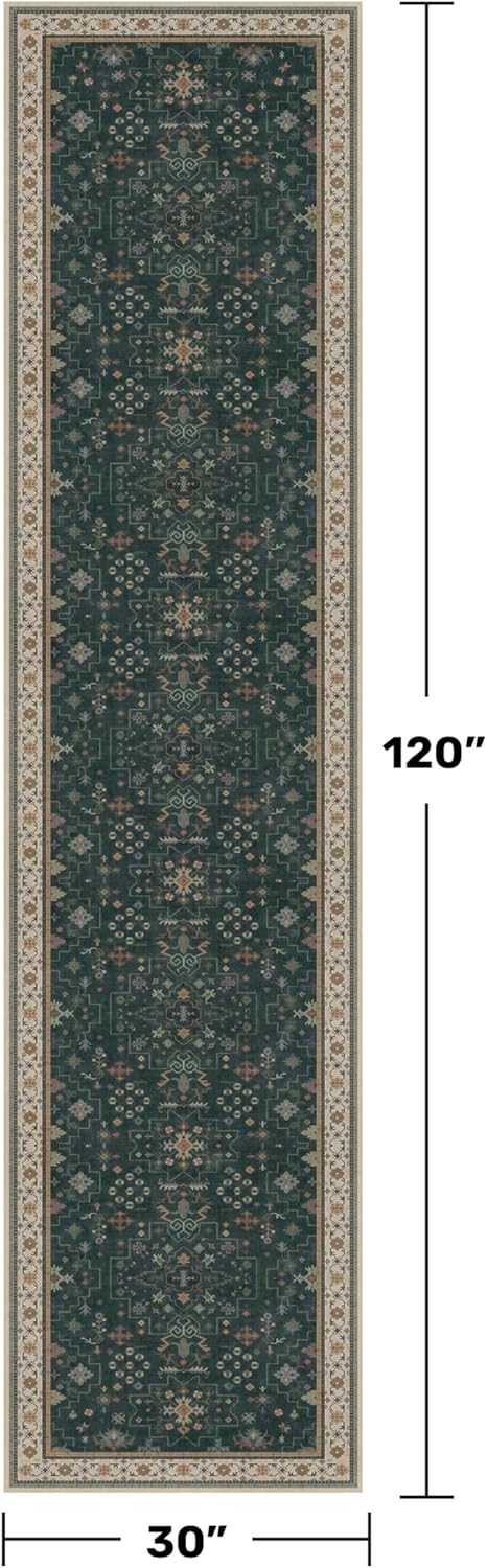 Regine Switzerland Dark Green Washable Runner Rug - 2'6"x10' Non-Skid Indoor Carpet for Hallway & Entryway