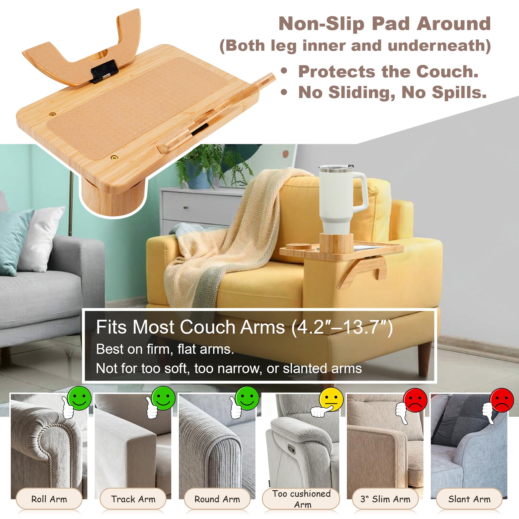 Sofa Arm Tray Linsongmax Large Couch Cup Holder Tray with Rotated Swappable Cup Holder Phone Stand Fit Various Armrest Sofa Side Tables for Living Room,15.36x9.85inch Bamboo Natural