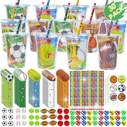 PaLeyFer 30 Pack-210+ Piece Sports Stationery Gift Set, Valentines Day Gifts Cards for Kids Classroom Exchange Prize, Valentine's Sports Party Favors with Cards Cups Pencils Rulers Stickers Erasers