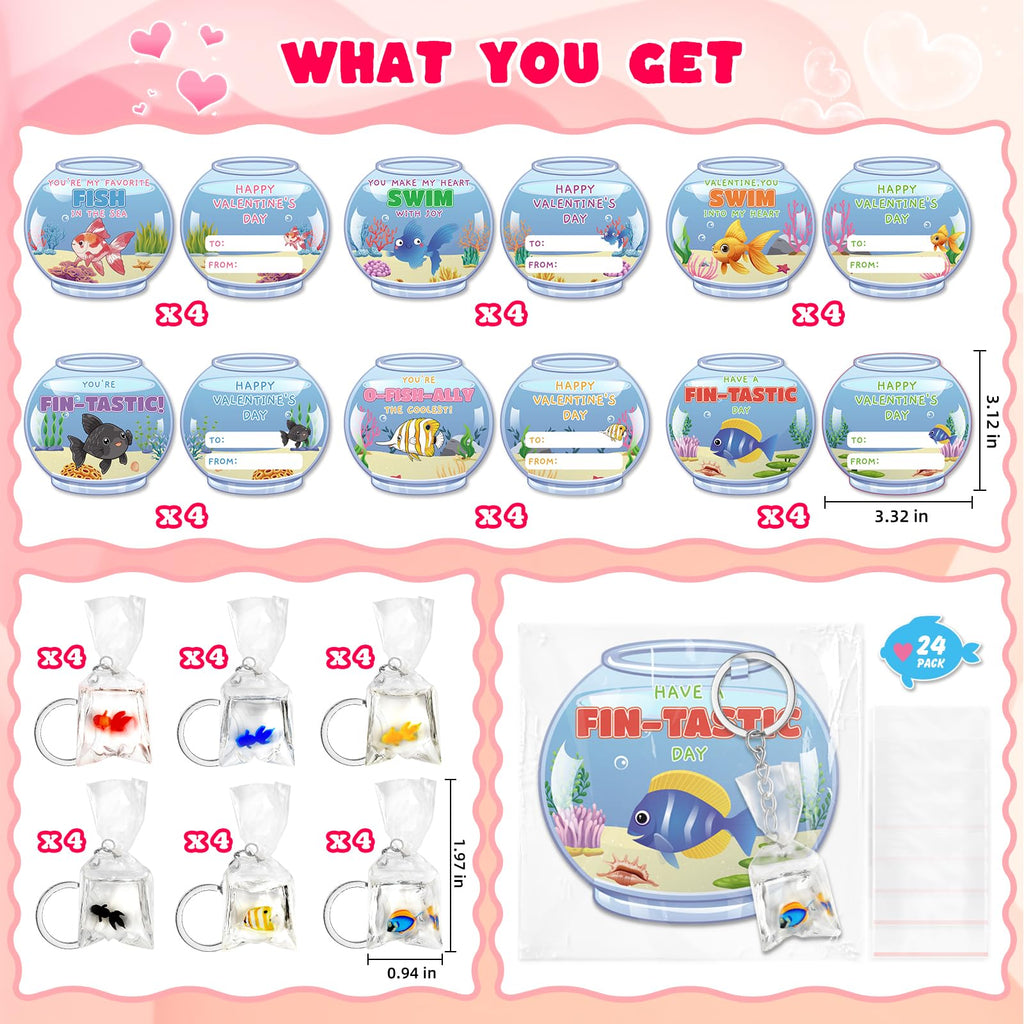 Valentines Day Cards for Kids School, 24 Pack Valentine's Day Gifts for Kids with Resin Fish Charms Classroom Exchange Gifts, 3D Fish Water Bag Charms Valentine Party Favors Prizes for Boys & Girls