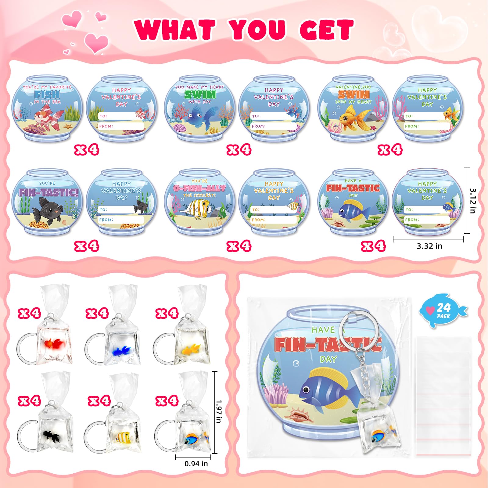 Valentines Day Cards for Kids School, 24 Pack Valentine's Day Gifts for Kids with Resin Fish Charms Classroom Exchange Gifts, 3D Fish Water Bag Charms Valentine Party Favors Prizes for Boys & Girls