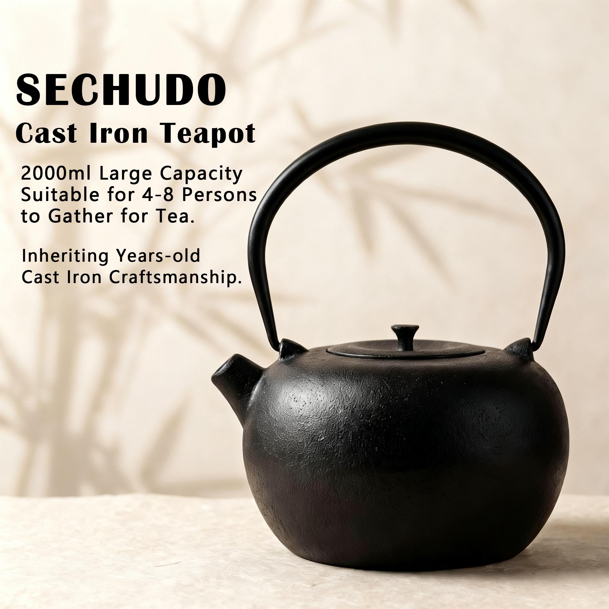 SECHUDO 67.6oz Cast Iron Teapot for Stovetop Safe, Black Chinese Tea Kettle with Stainless Steel Infuser for Loose Leaf, Heavy and Large Tea Pot for Induction Cooker, Teapot Enameled Interior