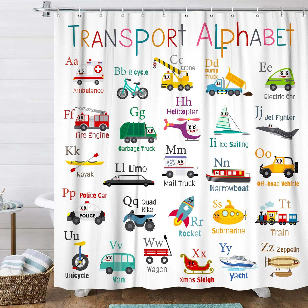 Grtuspr Vehicles Alphabet Shower Curtain for Kids, Kid Excavator Tractor Machinery Trucks Curtain, Construction Vehicle Boys, Bulldozer Crane Bath Equipment Truck