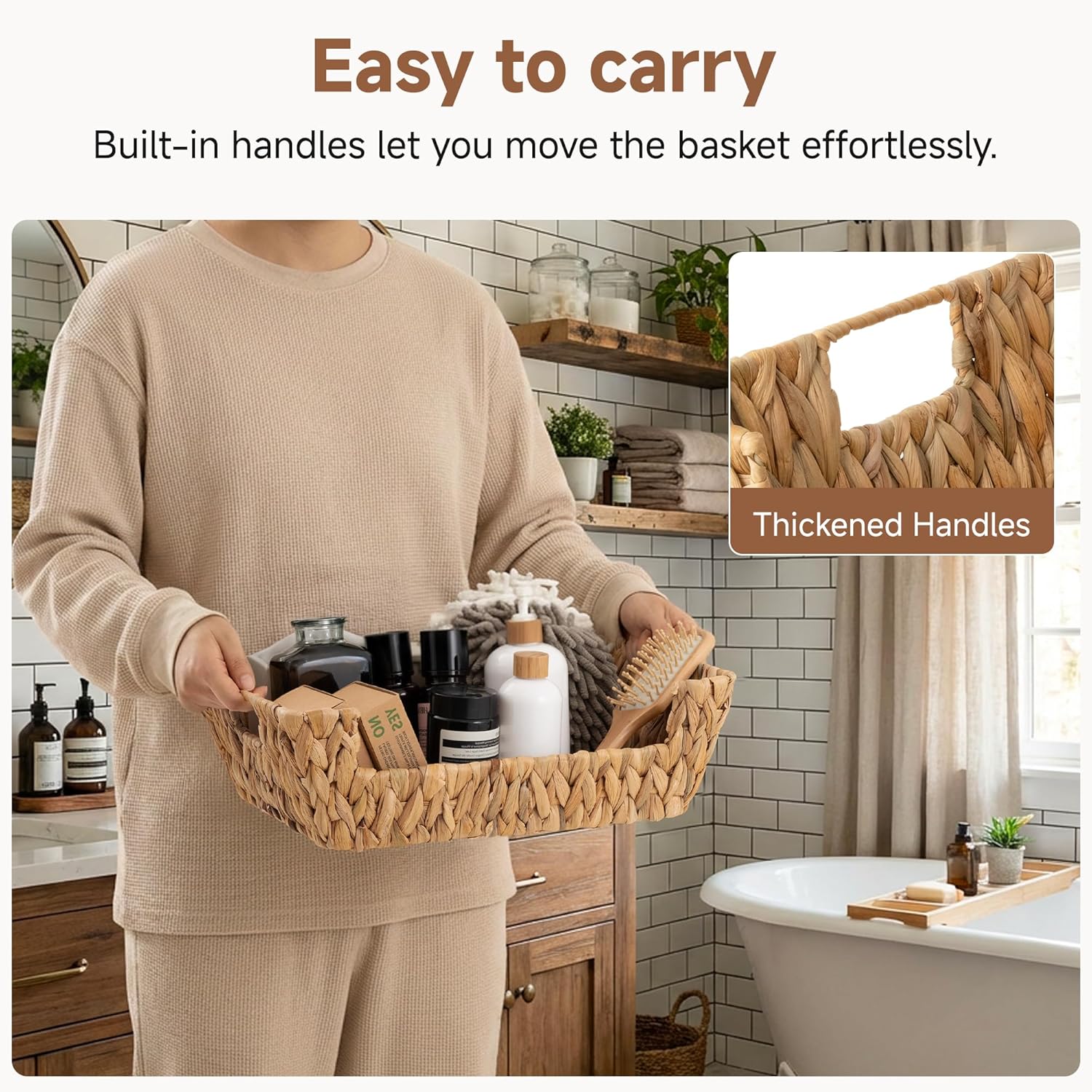 StorageWorks Water Hyacinth Baskets - Stackable Wicker Pantry Organizers with Built-in Handles | 2-Pack