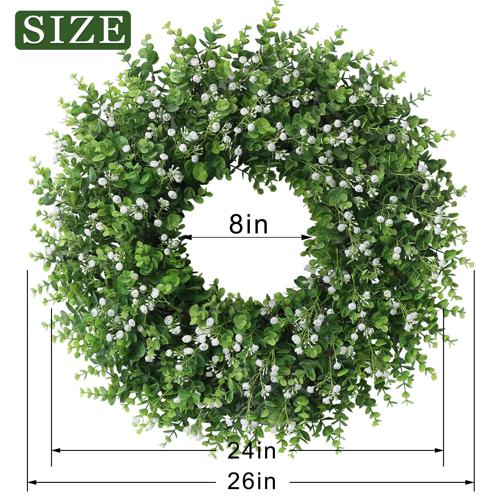 26" Artificial Eucalyptus Wreath with Baby's Breath for Front Door - Faux Eucalyptus Leaves, Fake Spring/Summer Greenery Flowers Wreath for Porch, Farmhouse, Wall, Window Outdoor Decor(White-Green)