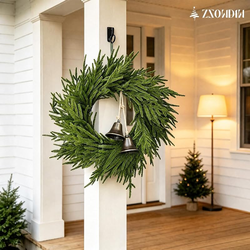 Decorated 2PACK 24-Inch Norfolk Pine Wreaths with Bells for Front Doors