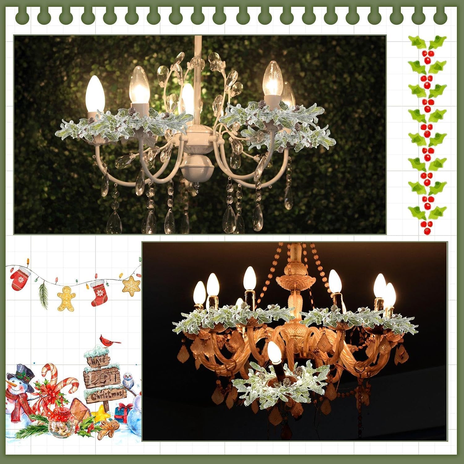Skiennix Christmas Pillar Candle Rings - Frosted Mistletoe Wreaths with Pearl Accents | Set of 6 for Holiday Decor