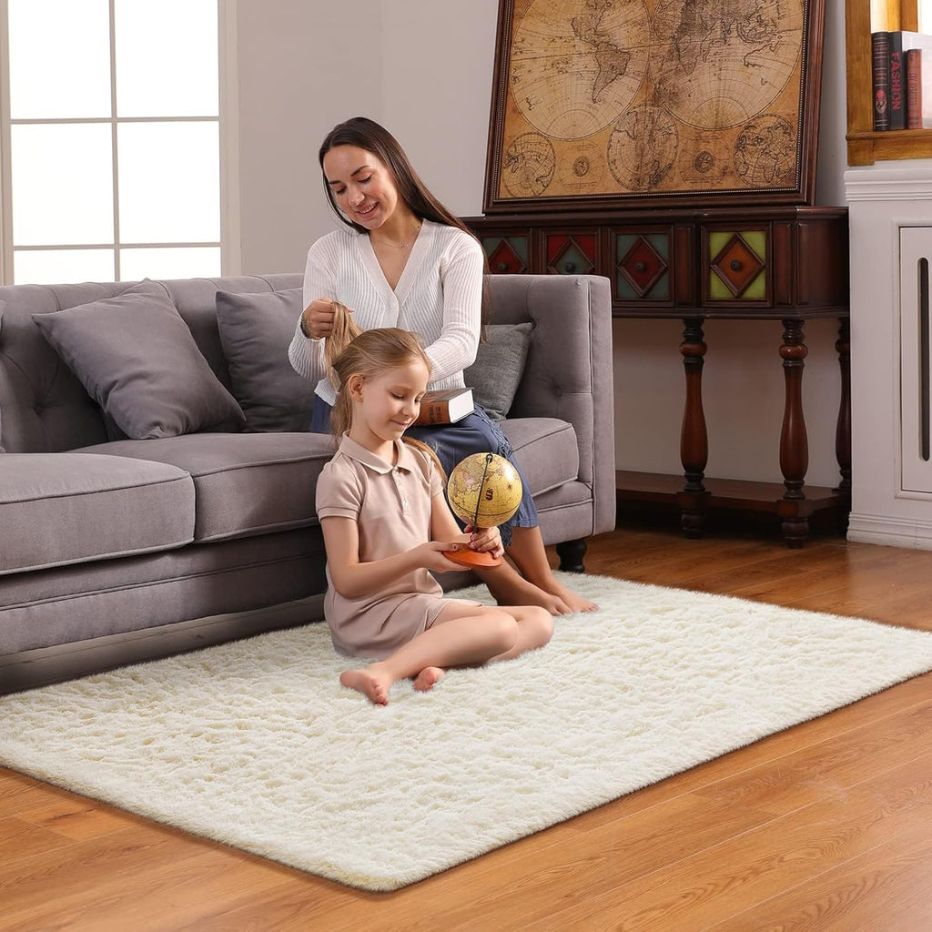 Ophanie 3x5 Non-Slip Area Rug - Preppy Ivory Carpet for Bedroom & Dorm Decor | Fluffy Nursery Essential