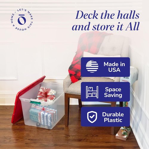 HOMZ 64 Quart Clear Plastic Storage Organizer Bins - Stackable Containers with Secure Latch & Red Lid