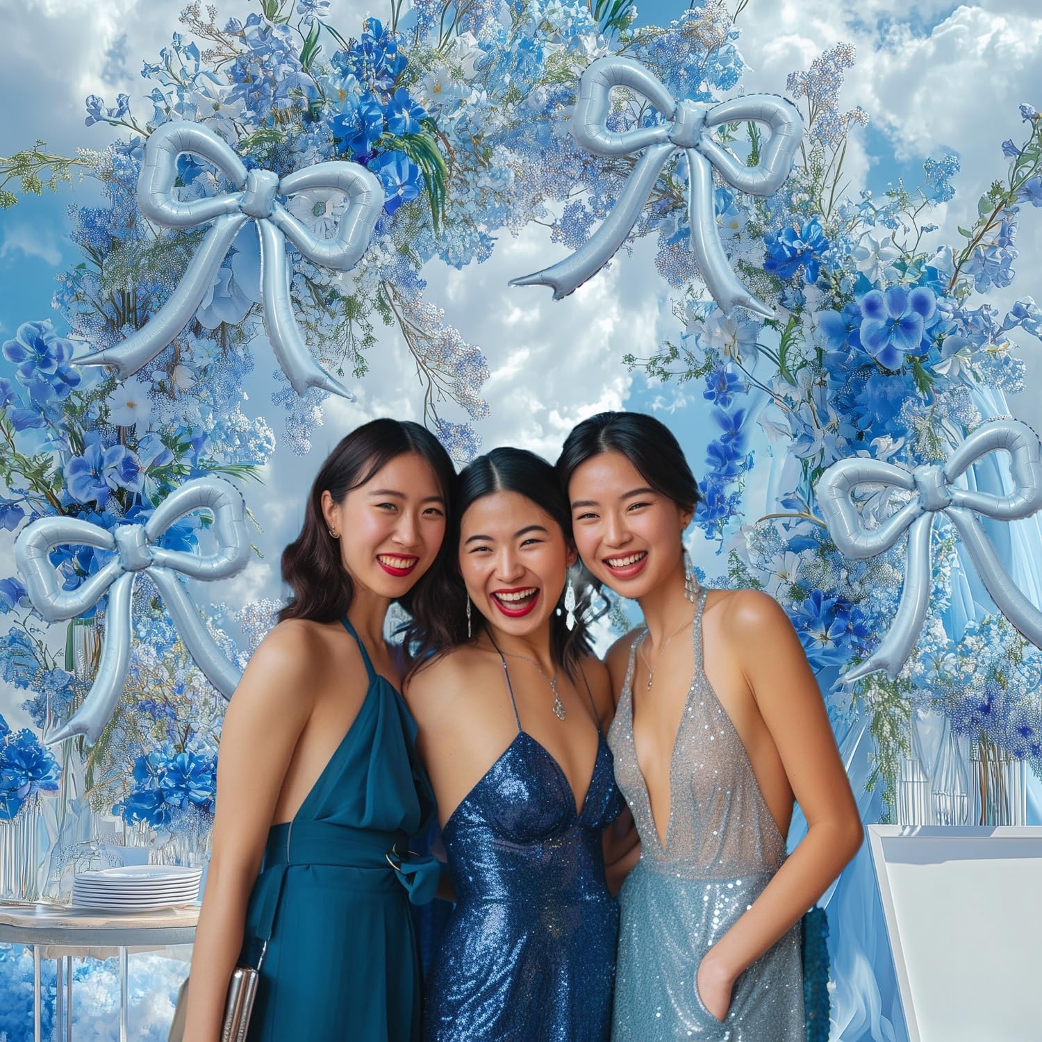 Skiennix 4Pcs Blue Bow Foil Balloons Set - Dusty Blue Mylar Balloons for Birthday & Baby Shower Decor