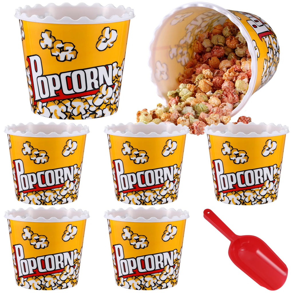 Roshtia 6 Pieces Plastic Popcorn Containers Reusable Buckets 75 oz Popcorn Boxes Bowl with Scoop Retro Style Red Plastic Scoop Set for Movie Theater Night(Classic)