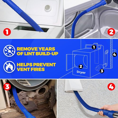 Holikme Dryer Vent Cleaner Kit - 2 Pieces with Lint Vacuum Attachment & Flexible Brush | Dark Blue