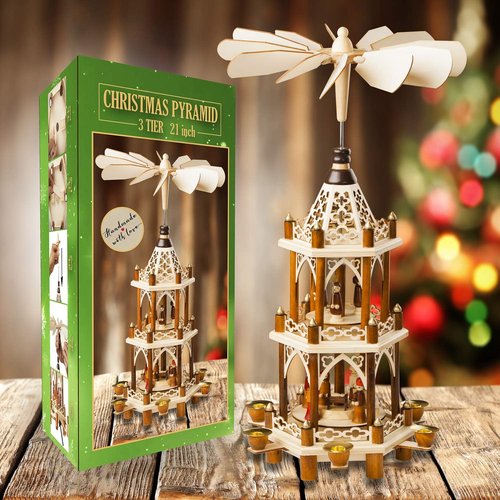 German Christmas Decoration Pyramid - 21-Inch Wooden Nativity Scene - 3-Tier Carousel with 6 Candle Holders