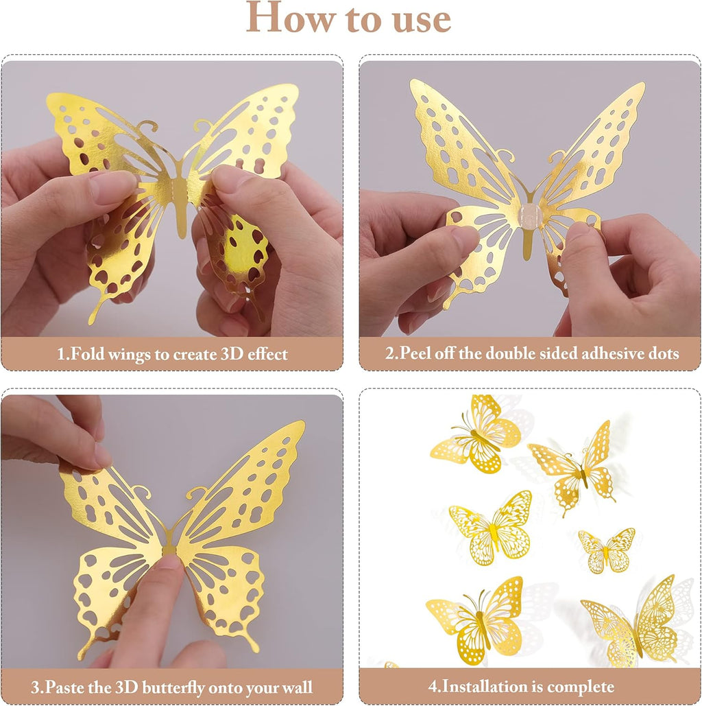 SAOROPEB 3D Butterfly Wall Decor - 48 Pcs in 4 Styles & 3 Sizes | Gold Removable Stickers for Parties