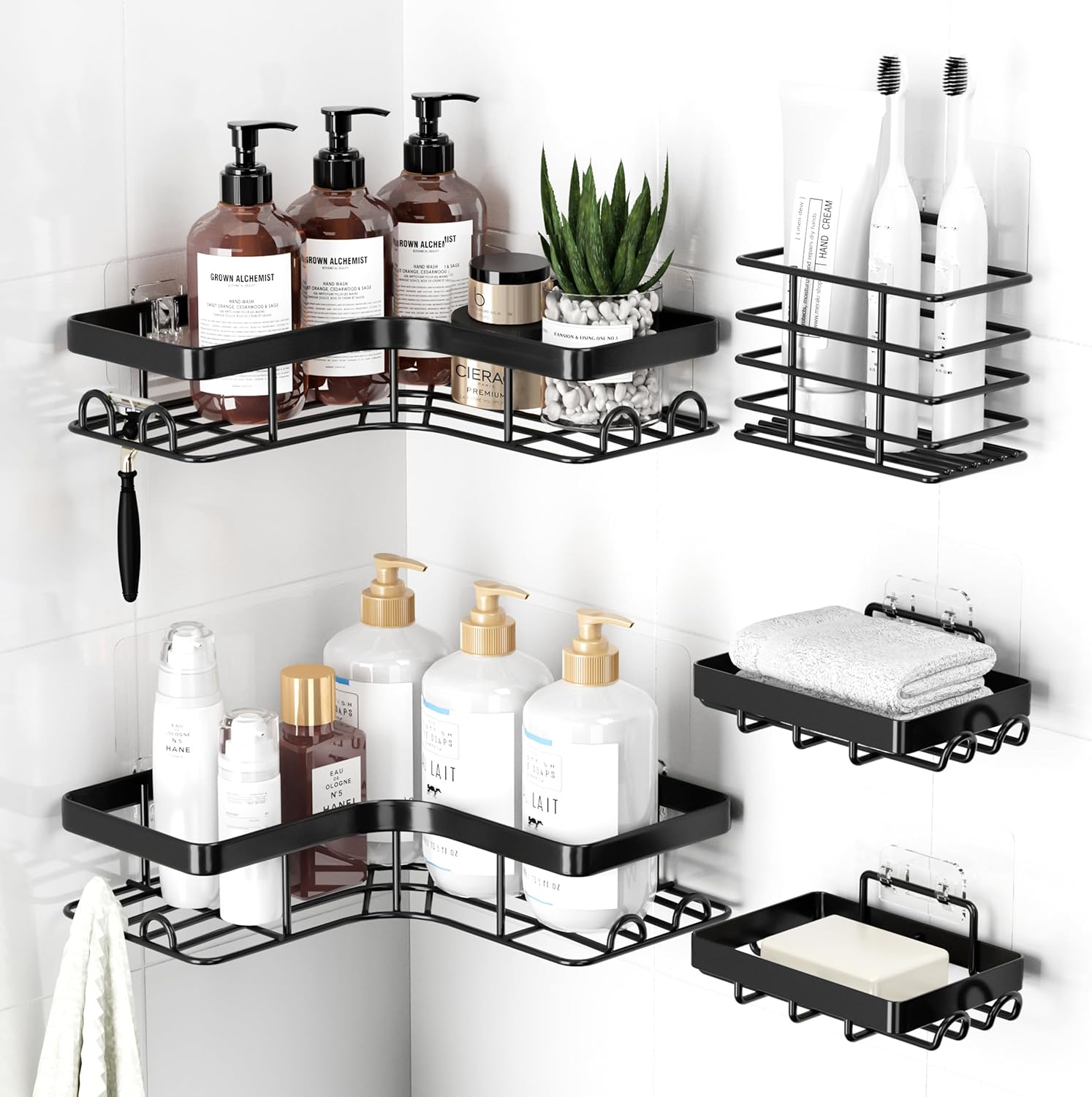 Sakugi Corner Shower Caddy - Rustproof 5-Pack Organizer with Soap & Toothbrush Holder | Large, Black