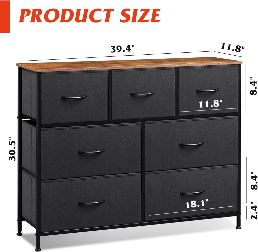 WLIVE 7 Drawer Dresser - Stylish TV Stand & Media Console for TVs Up to 45 Inches | Black & Rustic Brown
