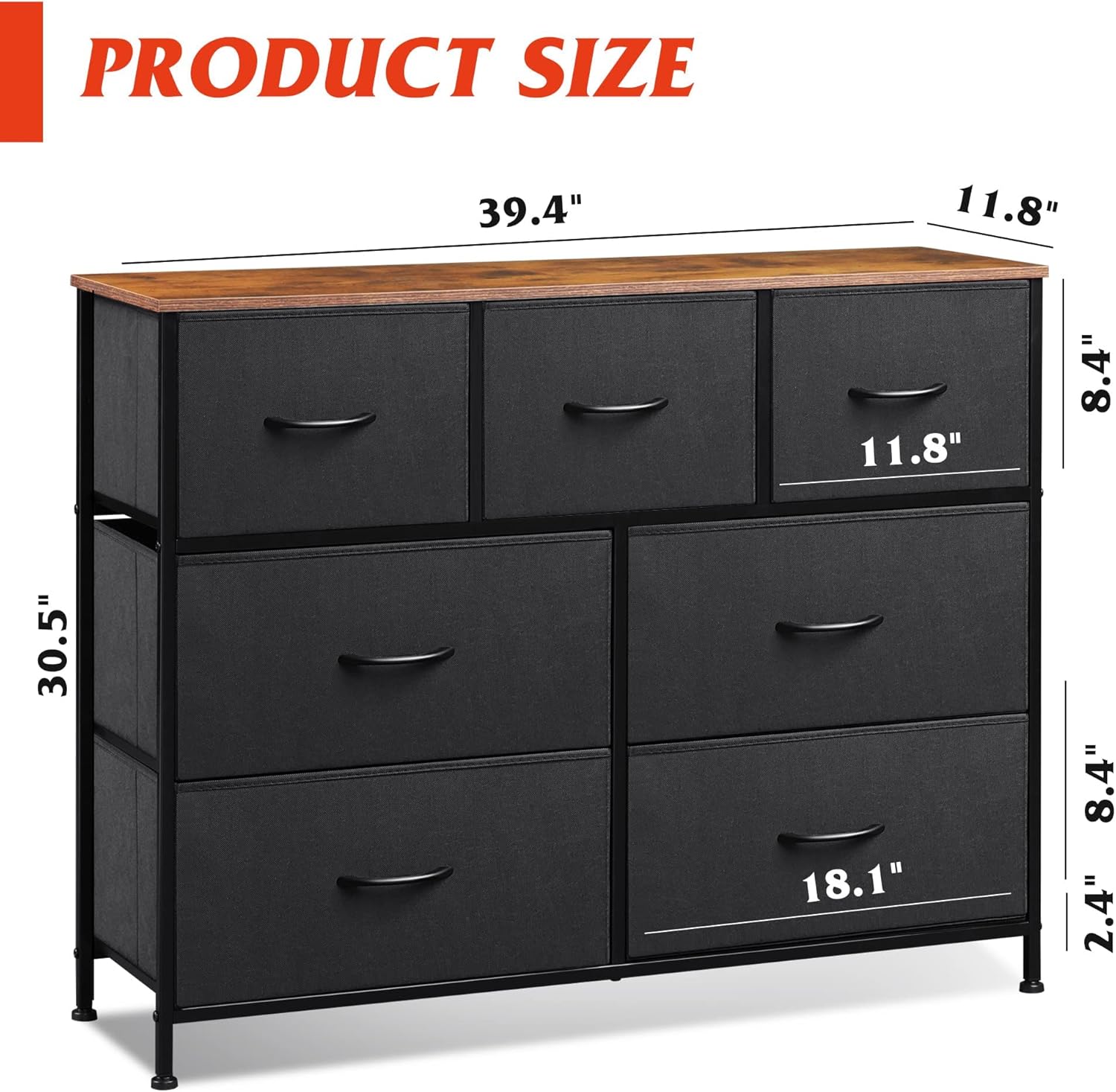 WLIVE 7 Drawer Dresser - Stylish TV Stand & Media Console for TVs Up to 45 Inches | Black & Rustic Brown
