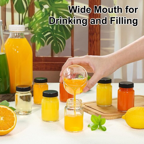 KEYWING 28 Pack 2oz Glass Shot Bottles with lids - Small Clear Jars for Ginger, Wellness Shots, Juice, Whiskey - Travel mini Reusable Wide Mouth bottles- Leakproof, Dishwasher Safe