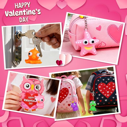 24 Pack Valentines Day Gifts for Kids, Valentines Cards for Kids Classroom with Squeeze Popping Eye Animal Keychain Toys, Class Valentine Exchange Gifts for Kid School, Valentine Party Prizes