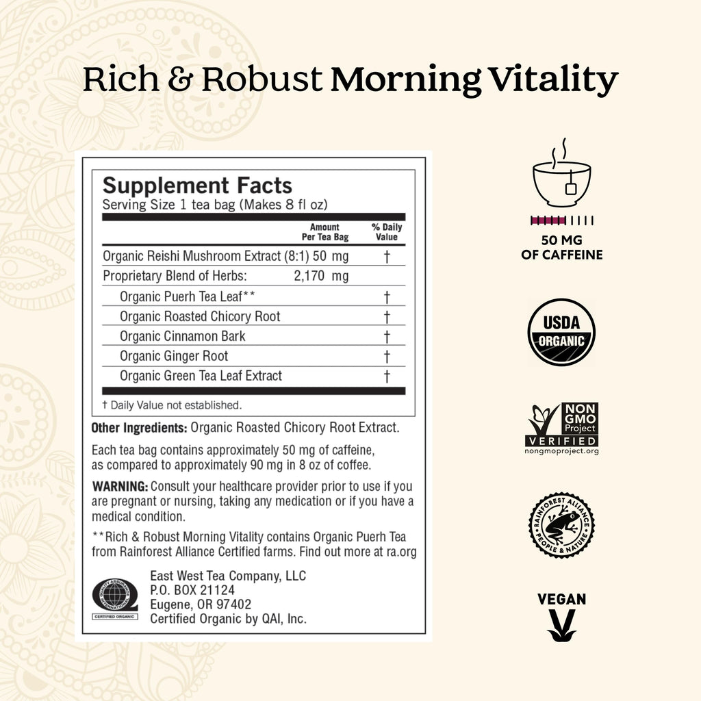 Yogi Tea Rich & Robust Morning Vitality - 16 Bags per Pack (6 Packs) - Organic Adaptogen Tea Perfect for the Morning - Includes Puerh Leaf, Roasted Chicory Root, Cinnamon Bark & More