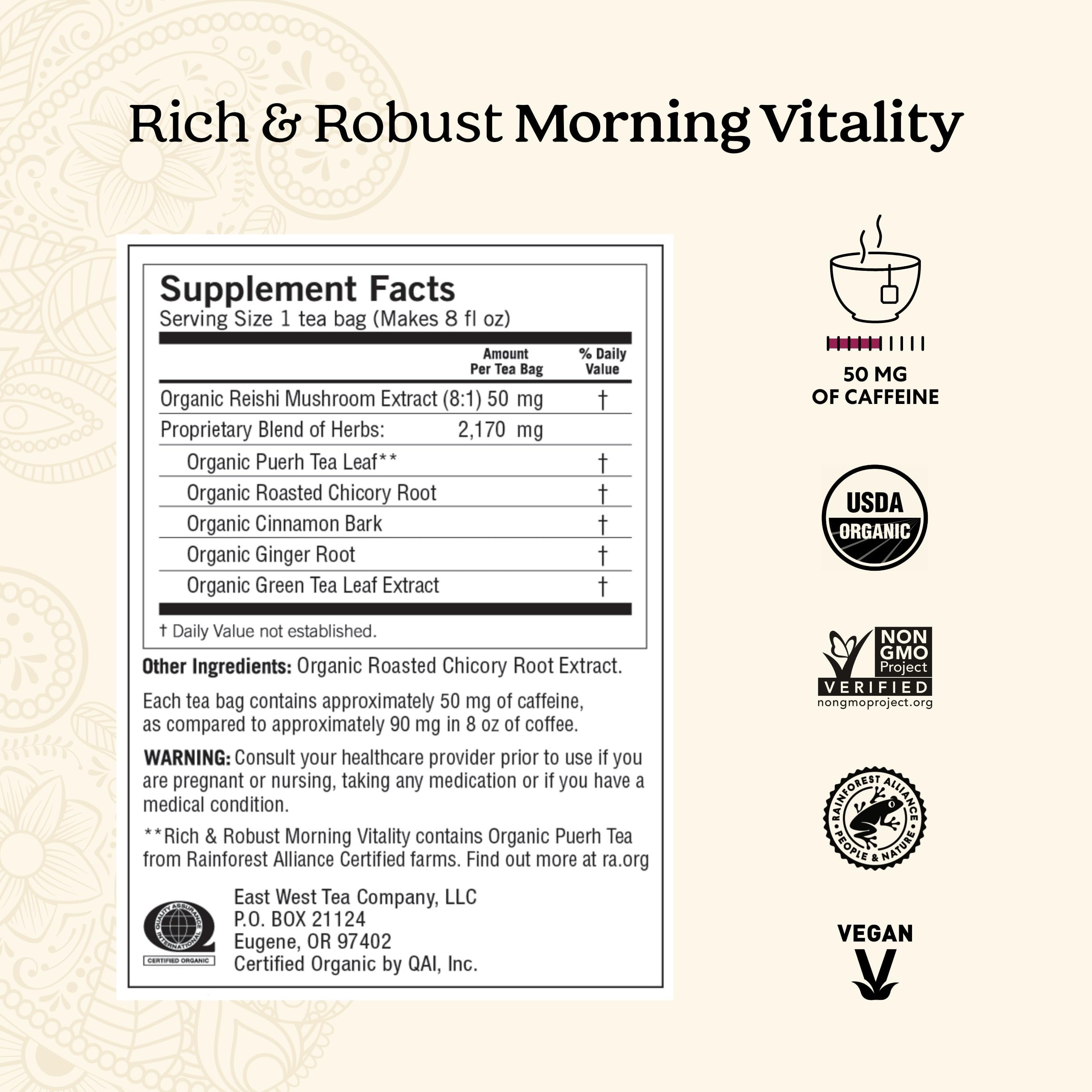 Yogi Tea Rich & Robust Morning Vitality - 16 Bags per Pack (6 Packs) - Organic Adaptogen Tea Perfect for the Morning - Includes Puerh Leaf, Roasted Chicory Root, Cinnamon Bark & More
